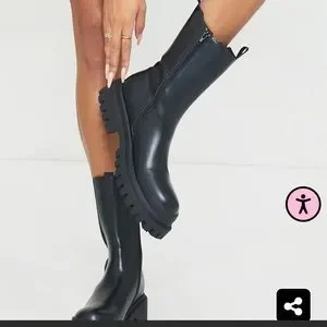 Pretty Little Thing Black Rubber Toe Calf High Chelsea Boots